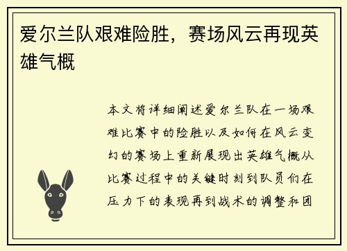 爱尔兰队艰难险胜，赛场风云再现英雄气概