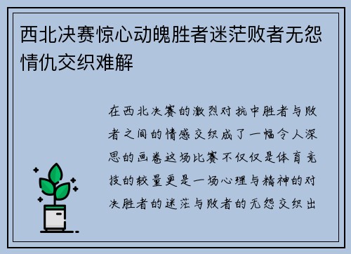 西北决赛惊心动魄胜者迷茫败者无怨情仇交织难解
