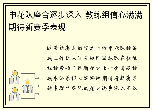 申花队磨合逐步深入 教练组信心满满期待新赛季表现